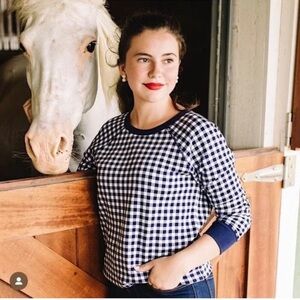 Draper James Natalie French Terry Sweatshirt in Nassau Navy Gingham size 3X